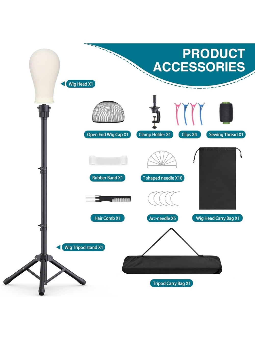 Adjustable Black Wig Head Stand Kit with Cream Foam Wig Head